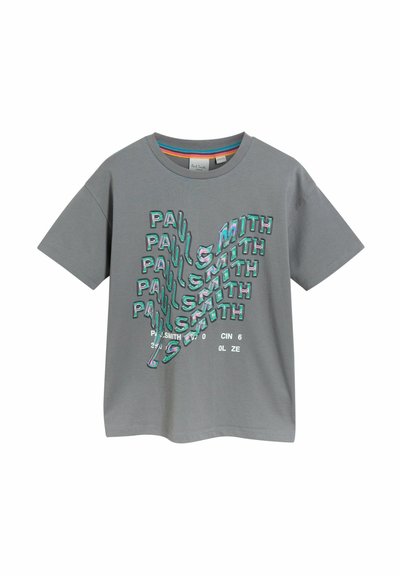 Pelēka kokvilnas t-krekls ar krāsainu izkropļotu tekstu "PAUL SMITH" dažādos izmēros un stilā, ar apaļu apkakli un īsām piedurknēm.