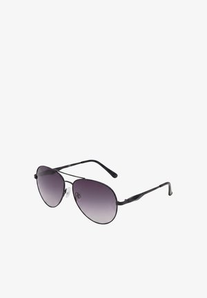 Schwarze Metall-Aviator-Sonnenbrille mit verlaufend dunklen Gläsern und verstellbaren Nasenpads vor weißem Hintergrund.