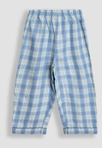Sinine ja valge ruuduline elastse vöökoha fleece-püksid lastele, sirgete jalgadega ja mansettidega all.