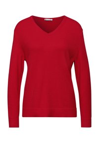 Maglione rosso a maniche lunghe con scollo a V. Realizzato in tessuto a maglia testurizzato, presenta polsini e orlo a coste. Colore semplice e uniforme.