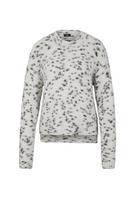 Maglione bianco con motivo a macchie nere, scollo rotondo, maniche lunghe e orlo a coste. Realizzato in materiale morbido e testurizzato.