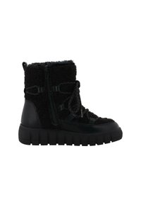 Zwarte enkellaarzen met een gezellige, fluffy bovenkant, gestructureerde stof, leren accenten, een ritssluiting aan de zijkant en een dikke rubberen zool met profiel.