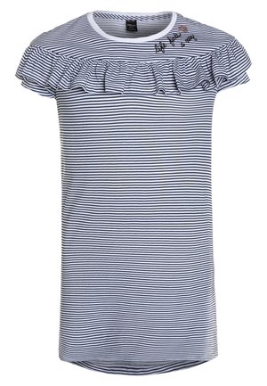 Bluzka w paski w kolorze granatowym i białym, z krótkimi falbaniastymi rękawami, okrągłym dekoltem i dekoracyjnym haftem na piersi. Miękka tkanina w luźnym kroju.