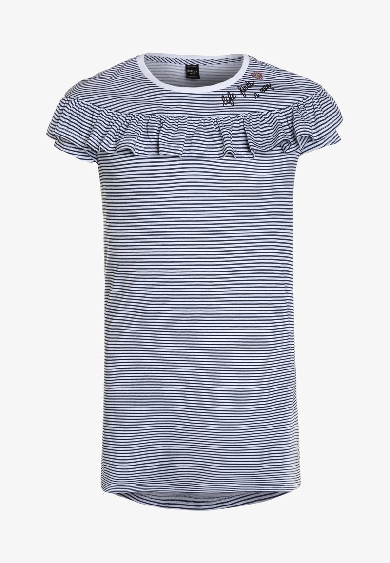 T-shirt rayé en bleu marine et blanc avec des manches courtes à volants, col rond, et broderies décoratives sur la poitrine. Tissu doux avec une coupe décontractée.