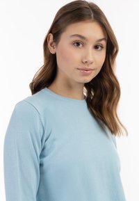 Maglione lavorato a maglia azzurro chiaro, con maniche lunghe e girocollo, dotato di una texture liscia e di un design aderente.