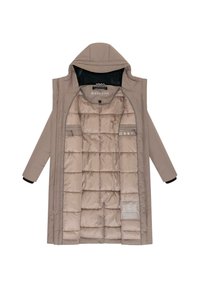 Doudoune beige avec capuche, dotée d'une isolation matelassée, d'une fermeture éclair et de poches intérieures. Tissu extérieur lisse avec doublure foncée.