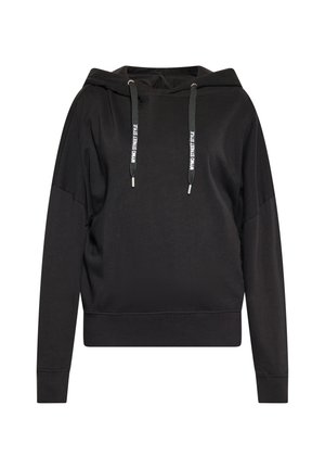 Hanorac negru din material moale, cu o croială lejeră, glugă cu șnur și accente reflectorizante, și manșete și tiv din material ribbed.