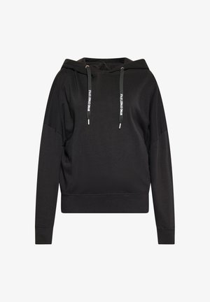 Hanorac negru din material moale, cu o croială lejeră, glugă cu șnur și accente reflectorizante, și manșete și tiv din material ribbed.