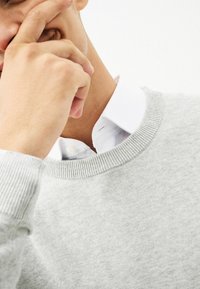 Lys grå sweater lavet af strikket stof med en ribbet rund hals. En hvid skjorte med krave er synlig under, hvilket viser knapdetaljer.