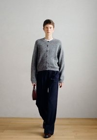 Grijze cardigan met knopen, gedragen over een witte blouse, gecombineerd met marineblauwe broek met streepjes en bruine schoenen. Model houdt een kleine bordeauxrode tas vast.