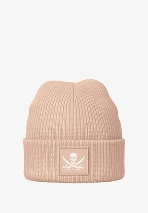 Beige knitted beanie with a ribbed texture, featuring a white patch displaying a skull and crossbones design.
