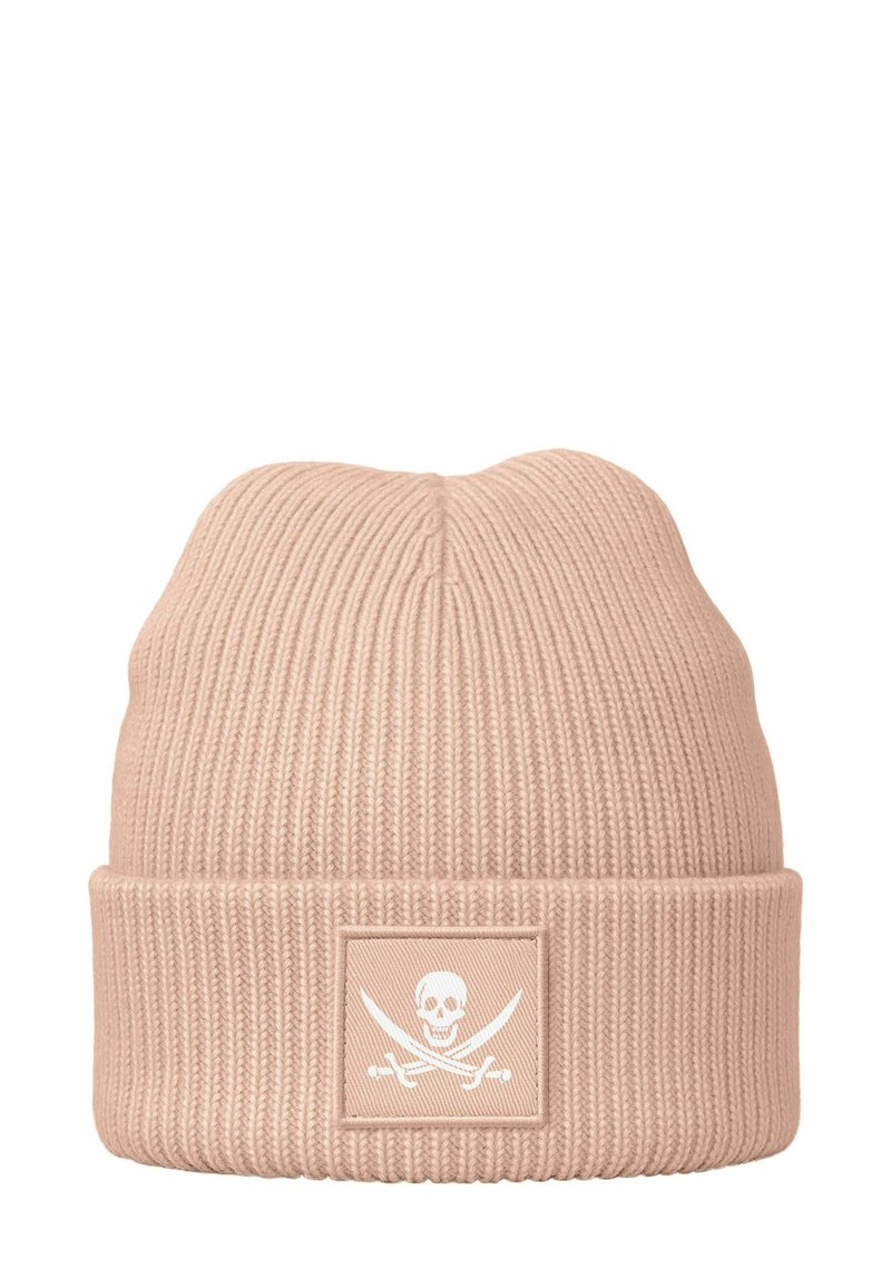 Beige knitted beanie with a ribbed texture, featuring a white patch displaying a skull and crossbones design.