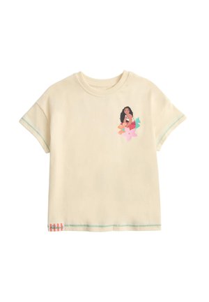 Beżowy t-shirt z krótkim rękawem z zielonym przeszyciem, z małą grafiką dziewczynki z długimi włosami i kwiatami na lewej piersi.