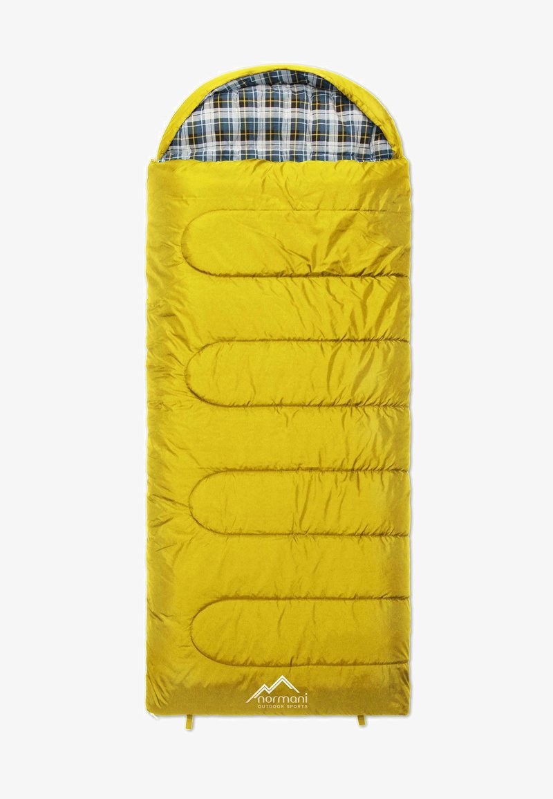 Yellow sleeping bag with a padded design, featuring a checkered interior lining. It has a rectangular shape and stitching accents.