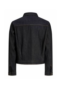 Svart denimjakke vist bakfra med kontrastsømmer, lange ermer og knappede mansjetter på hvit bakgrunn.