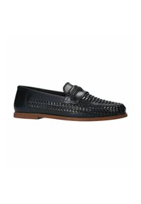 Black leather loafers with woven detailing, flat brown sole, and a smooth toe cap. Features a decorative strap across the instep.