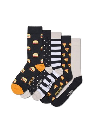Set of five novelty socks featuring burger and pizza patterns, polka dots, black and white stripes, in cotton blend, with colorful accents.