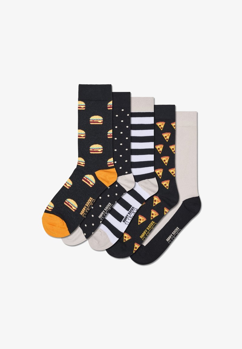Set aus fünf ausgefallenen Socken mit Burger- und Pizzamustern, Punkten, schwarz-weißen Streifen, aus einer Baumwollmischung mit bunten Akzenten.