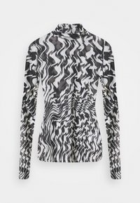 Langærmet top i gennemsigtig polyester med et sort og hvidt bølgemønster. Har en høj hals og en tætsiddende design.