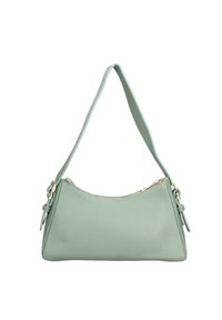 Mintgroene leren handtas met een gestructureerde vorm, korte schouderriem en gouden ritsdetails. Heeft een textuur-oppervlak en zijaccenten.