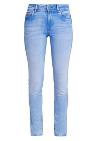 Svetle modré skinny džíny vyrobené z denimu, s klasickým pětipocket designem, jemným zesvětlením a zipem s kovovým západkem.
