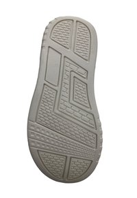 Suola della scarpa con una superficie in gomma bianca testurizzata. Presenta un motivo geometrico, un'area di battistrada circolare e textures di grip variabili per una maggiore aderenza.