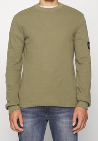 Olivgrön långärmad sweatshirt med texturerad tyg, rundad halsringning och ribbad ärm. Har en logotypapplikation på vänster ärm.