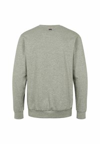 Lichtgrijze sweatshirt met lange mouwen, ronde hals en geribde boorden en onderrand. Zacht materiaal met een gladde textuur, zonder zichtbare patronen of logo's.