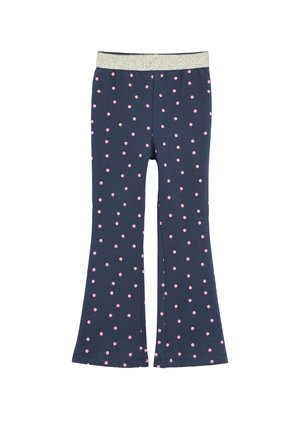 Navy blue children’s pants with pink polka dots and a silver elastic waistband, featuring slightly flared legs.
