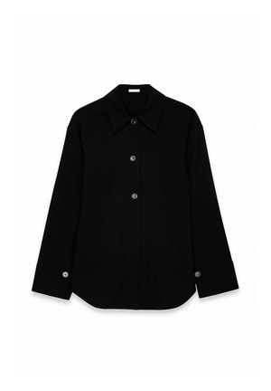 Camicia nera con bottoni realizzata in un tessuto solido, con colletto a punta, maniche lunghe e due bottoni ai polsini.