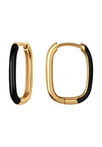 Złote kolczyki w kształcie obręczy z czarnym akcentem, o gładkiej, polerowanej fakturze. Jeden kolczyk ma kształt kwadratowy, a drugi jest okrągły.