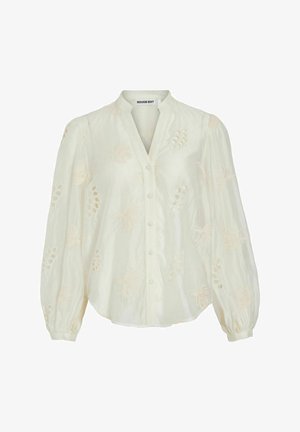 Blouse blanche à manches longues avec une broderie florale subtile, boutonnée sur le devant, et un col montant fin de Rouge Edit.