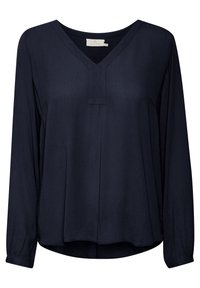 Blouse à manches longues bleu marine en tissu léger avec un décolleté en V et une coupe ample. Comprend des manches plissées et un ourlet arrondi.