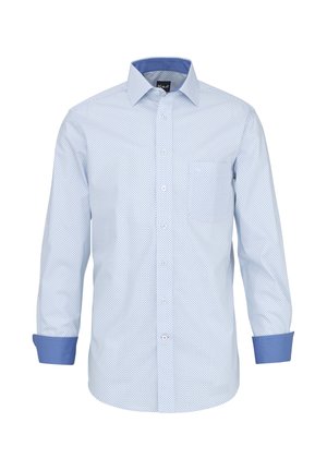 Camicia da uomo azzurro chiaro con motivi a piccoli puntini, collo e polsini interni a contrasto blu, maniche lunghe e taschino sul petto.