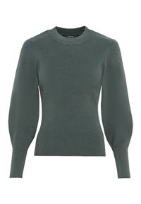 Prążkowany sweter dzianinowy w ciemnozielonym kolorze z długimi, luźnymi rękawami i wysokim, okrągłym dekoltem. Tekstura tkaniny jest miękka i elastyczna.