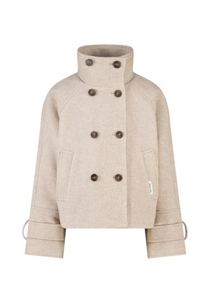 Beige wollen cropped jas met hoge kraag, dubbele donkere knopen, voorzakken en verstelbare banden op de mouwen.
