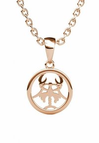 Collana in oro rosa con un pendente circolare caratterizzato da un design a ritaglio di un simbolo a doppio corno. La catena è composta da forme ovali collegate.