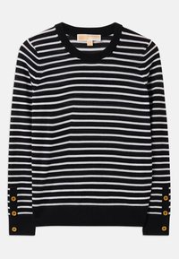 Pull en maille à rayures noires et blanches avec un col rond, des manches longues et des accents de boutons dorés près des poignets. Matière en maille douce.