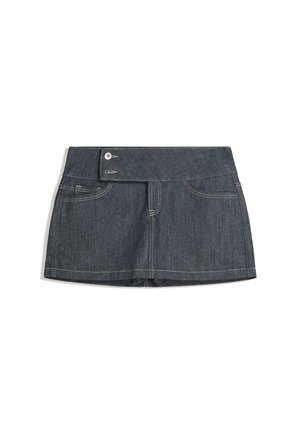 Jupe en denim foncé avec une taille haute, dotée de deux poches avant, d'une fermeture à bouton et de coutures contrastées le long des bords.