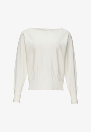 Weißer Langarmpullover aus weichem Material mit Rundhalsausschnitt und gerafftem Rippenbund für eine taillierte Passform.