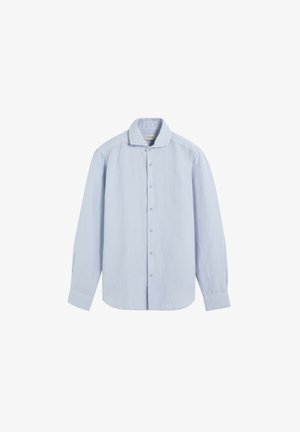 Light blue long-sleeve button-up shirt with a collar and buttoned cuffs, shown front facing on a white background.