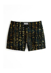Čierne plavky s pozlátenými hieroglyfickými vzormi usporiadanými vertikálne. Účinný elastický pás s logom a dve predné oka.