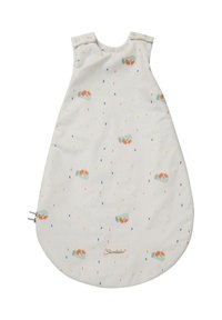 Ärmelsack aus weichem Stoff, weiß mit bunten Punkten; verfügt über kleine Fuchsillustrationen und einen Reißverschluss am Boden.