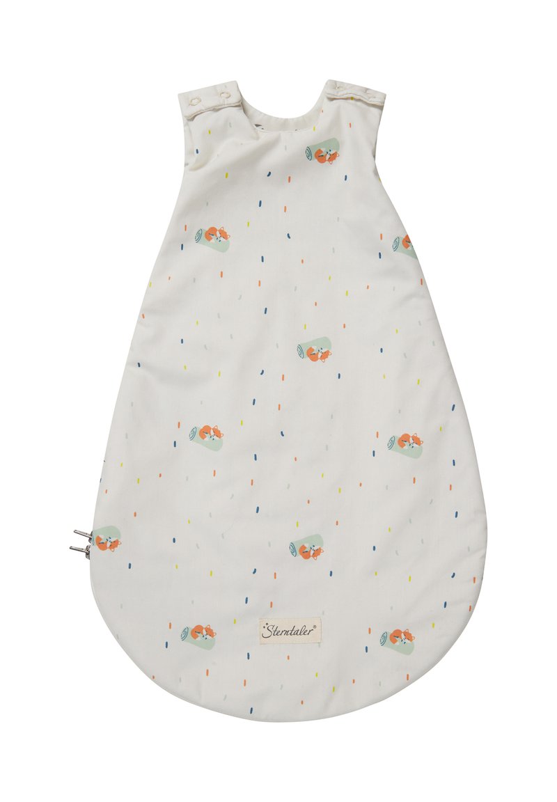 Ärmelsack aus weichem Stoff, weiß mit bunten Punkten; verfügt über kleine Fuchsillustrationen und einen Reißverschluss am Boden.