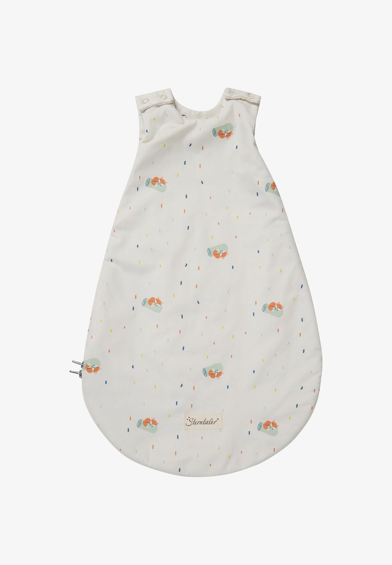 Ärmelsack aus weichem Stoff, weiß mit bunten Punkten; verfügt über kleine Fuchsillustrationen und einen Reißverschluss am Boden.