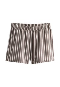 Prúžkové šortky s elastickým pásom, s vertikálnymi bielymi pruhmi na hnedom pozadí, vyrobené z hladkej, ľahkej tkaniny.