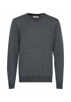 Donkergrijze V-hals trui met een textuur breiwerk, lange mouwen en een geribde zoom. Bevat een klein merkje aan de onderlinkerkant.