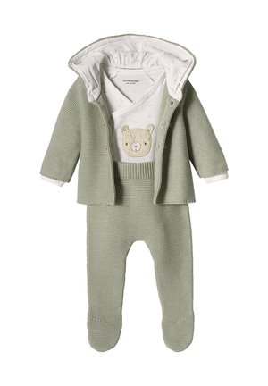 Knitted green baby outfit with a hooded cardigan, a white onesie featuring a bear design, and matching pants; textured fabric details.