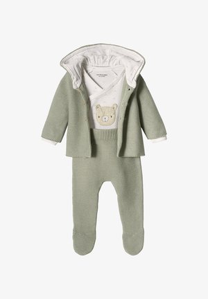 Knitted green baby outfit with a hooded cardigan, a white onesie featuring a bear design, and matching pants; textured fabric details.