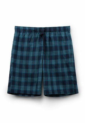 Shorts de bain à carreaux avec un fond bleu marine foncé et des lignes turquoise et bleu clair, taille élastique et cordon de serrage pour un ajustement personnalisé.
